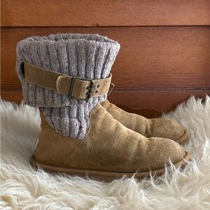 UGG Cambridge Tan Suede Cable Knit Ankle Buckle Winter Boots